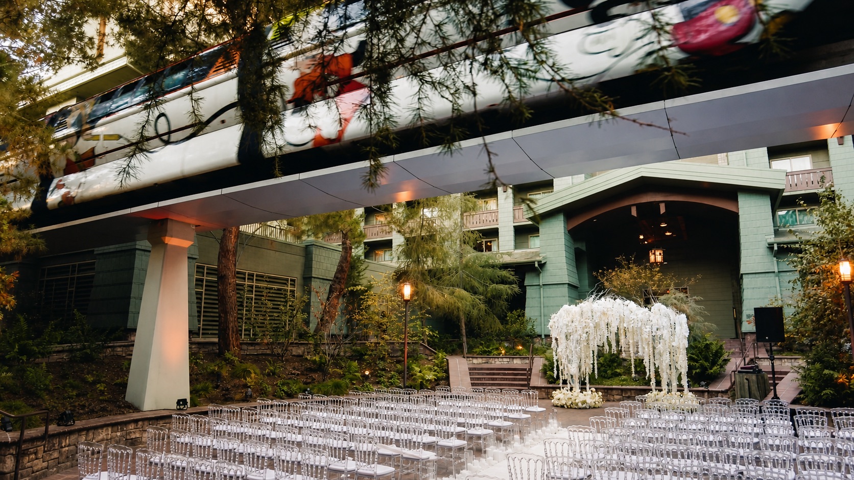 Brisa Courtyard ceremony beneath the Disneyland monorail