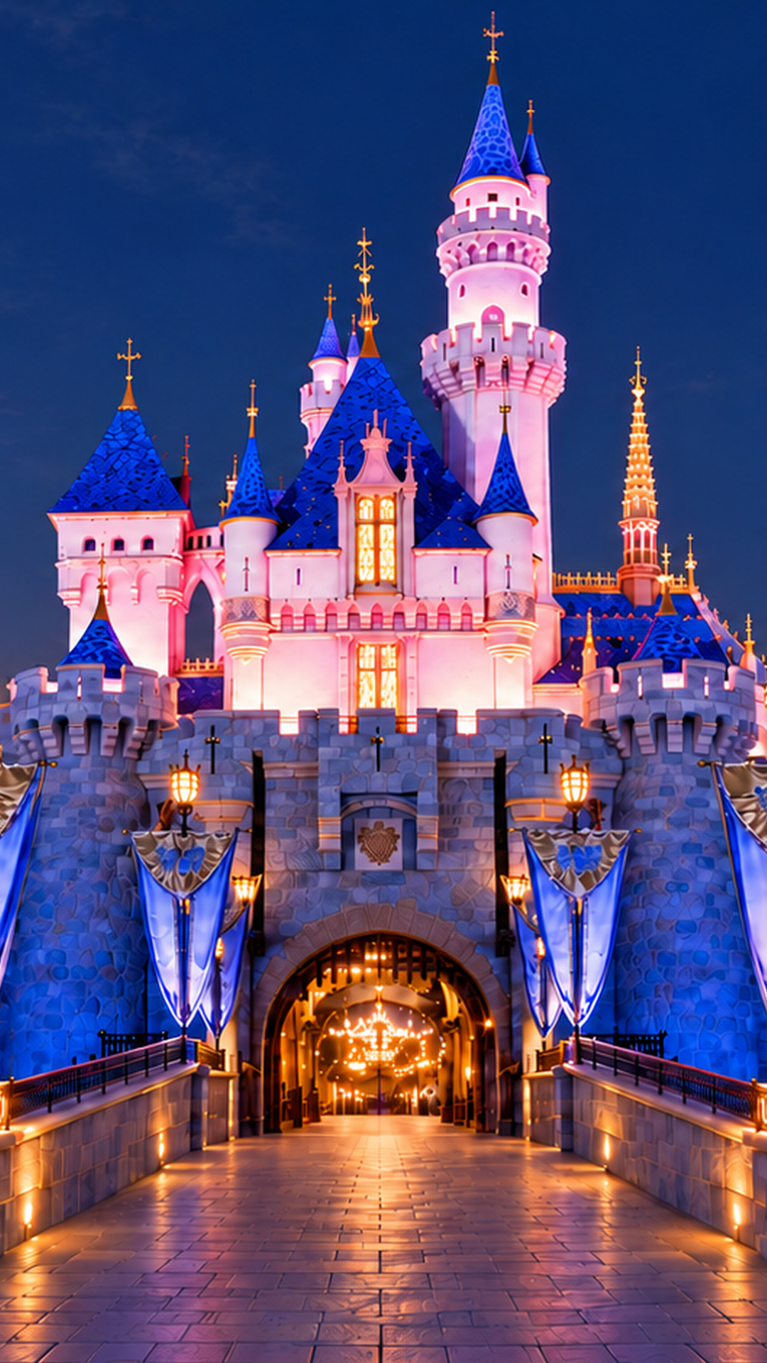 Sleeping Beauty Castle glowing pink and blue at night