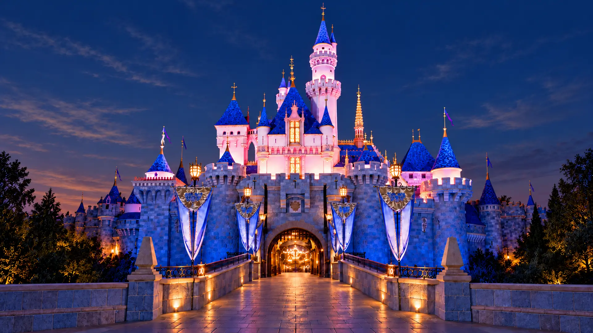 Sleeping Beauty Castle illuminated at twilight